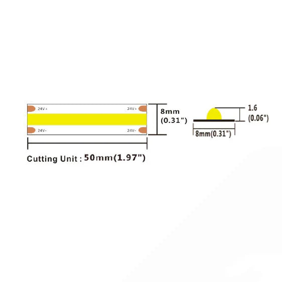DRF10-24V-8mm – 9.6W/m COB LED-nauha, pisteetön valo, CRI90, IP20