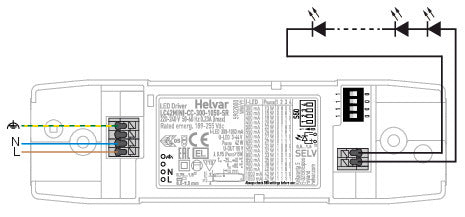 Helvar LC42MINI-CC-300-1050-SR ohjain asennusohje ja liitännät