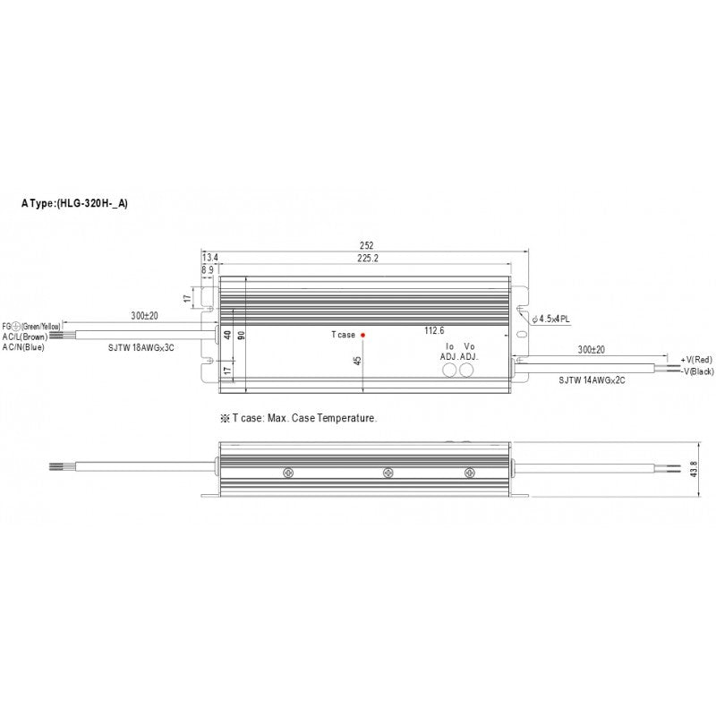 Mean Well HLG-320H-24A säädettävä LED-vakiojänniteteholähde 320W 24V mitat