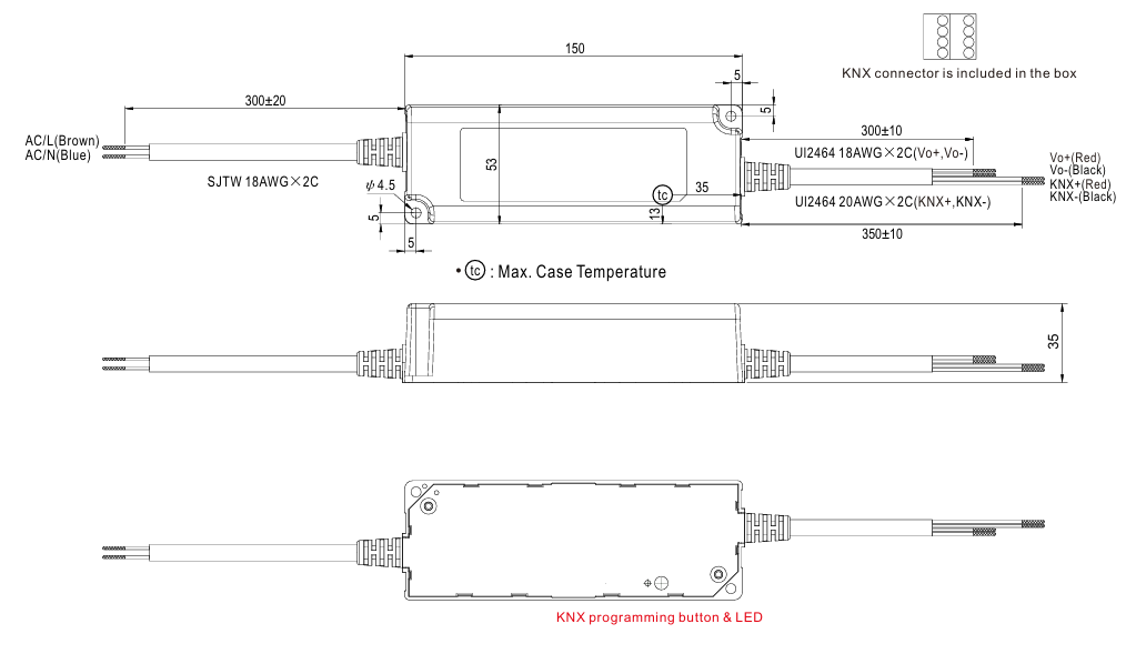 Mean Well PWM-60-KN LED-virtalähteen tekninen mittapiirros, jossa esitetään laitteen tarkat mitat, liitinjohdot ja kotelorakenne asennusta varten