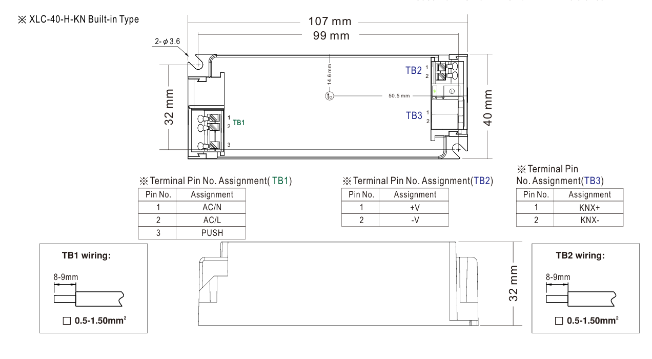 Mean Well XLC-40-KN LED-ajurin tekninen mittapiirros, jossa esitetään laitteen tarkat mitat, liitinpaikat ja kotelon rakenne.