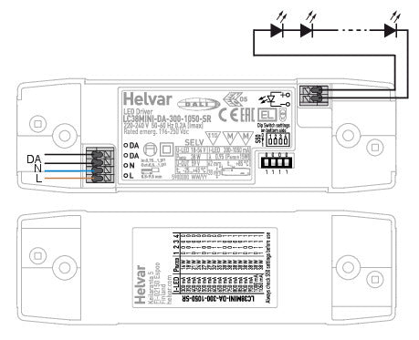 Helvar LC38MINI-DA-300-1050-SR ohjain asennusohje ja liitännät