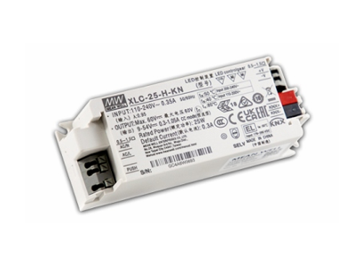 Mean Well XLC-25-KN vakiotehoinen 25W LED-ajuri sisäänrakennetulla KNX-ohjauksella, kompaktissa muovikotelossa, lähikuva tuoteselosteesta ja liittimistä