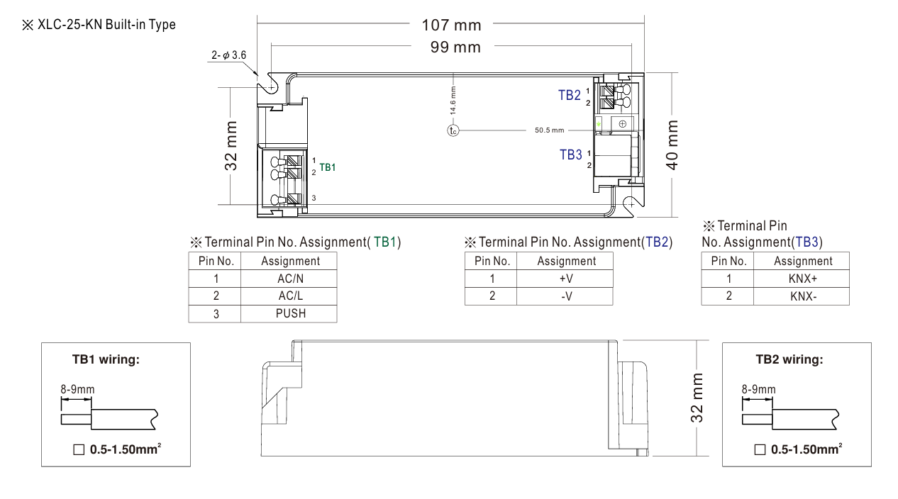 Mean Well XLC-25-KN LED-ajurin tekninen piirros, jossa näkyvät laitteen kokonaismitat, liitinpaikat ja kotelon muoto