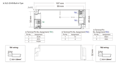 Mean Well XLC-25-KN LED-ajurin tekninen piirros, jossa näkyvät laitteen kokonaismitat, liitinpaikat ja kotelon muoto