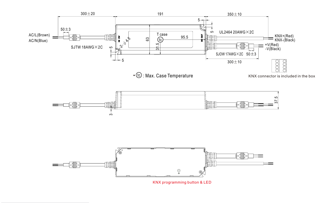 PWM-120-24-KN LED-virtalähteen tuotekuva, jossa näkyy virtalähteen muovikotelo, liitäntäjohdot ja merkinnät 120W 24V KNX PWM -mallille.