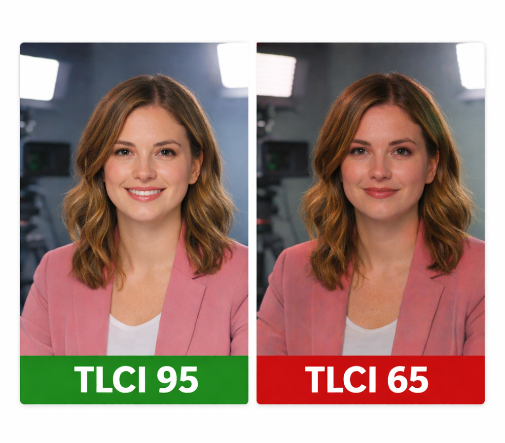 Valaistuksen laadun vertailukuva kahdesta eri TLCI-arvosta. Vasemmalla korkean TLCI 95 -arvon LED-valaistus näyttää luonnollisen ihonsävyn ja selkeät yksityiskohdat, kun taas oikealla matalamman TLCI 65 -arvon valaistus tuottaa epäluonnollisemmat värit ja harmaamman ihonsävyn. Taustalla näkyy studiotila kameroineen ja valaisimineen.
