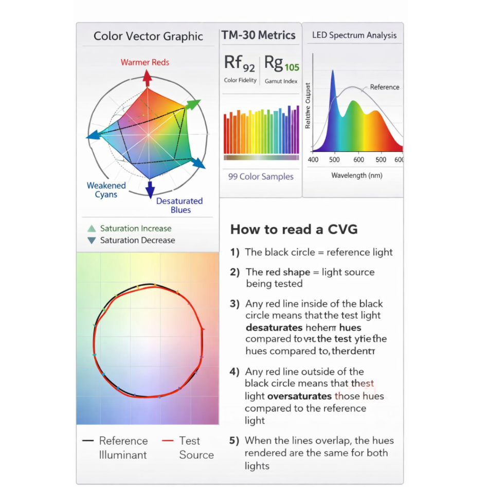 Yhdistetty TM-30-mittauksen infografiikka, joka esittelee LED-valaistuksen värintoiston arviointia kolmen visualisoinnin kautta: Color Vector Graphic (CVG) näyttää värierojen suuntaa ja kylläisyyttä, TM-30 Metrics -osio esittää Rf- ja Rg-arvot 99 värinäytteellä, ja spektrianalyysi näyttää LED-valon aallonpituusjakauman. Lisäksi kuvassa selitetään, miten CVG:tä tulkitaan vertaamalla testivalon väritoistoa referenssivaloon.