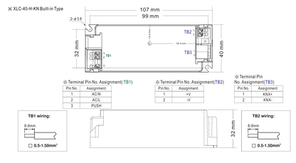 Mean Well XLC-40-KN LED-ajurin tekninen mittapiirros, jossa esitetään laitteen tarkat mitat, liitinpaikat ja kotelon rakenne.