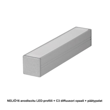 NELIÖ16 LED-profiili diffuusorilla ja päätypaloilla, anodisoitu