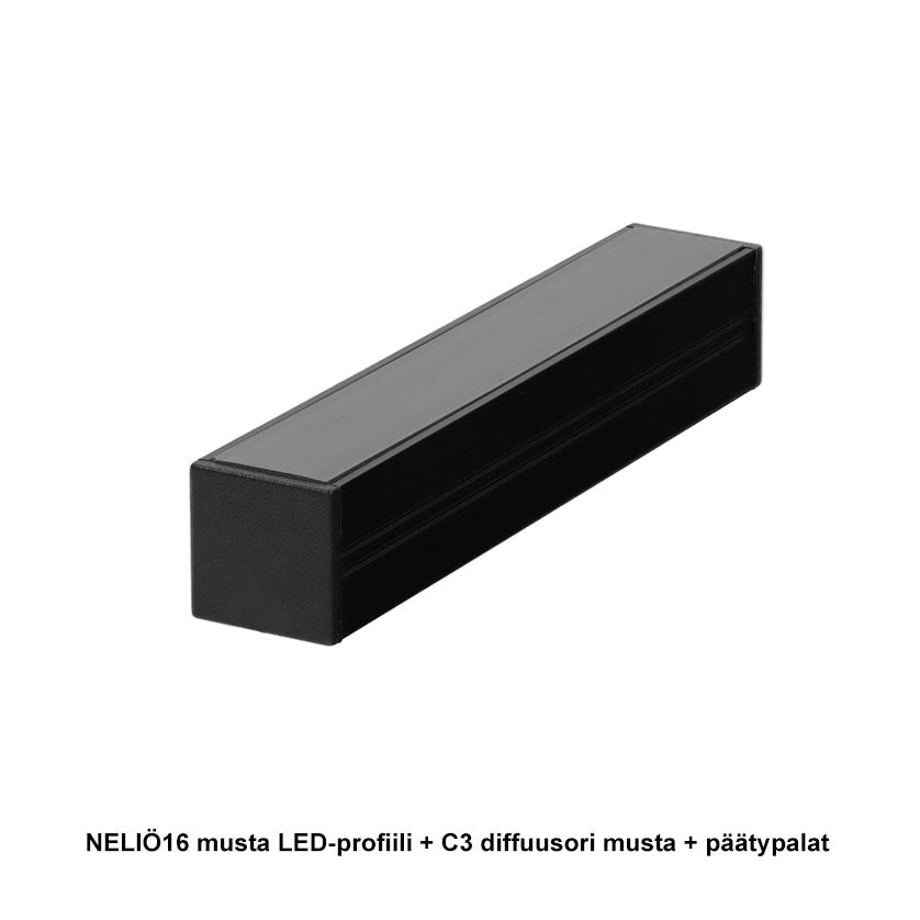NELIÖ16 LED-profiili diffuusorilla ja päätypaloilla, musta