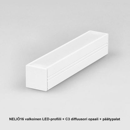 NELIÖ16 LED-profiili diffuusorilla ja päätypaloilla, valkoinen