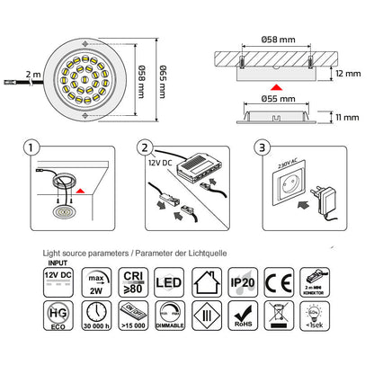 2W 12V LED-kalustevalaisin OVAL kulta, 200lm CRI80, IP20, himmennettävä